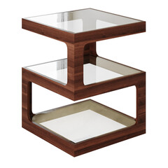 A brown wooden table with three shelves and clear glass