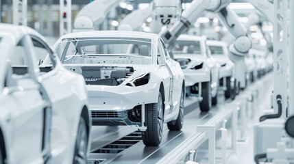 Naklejka premium A modern car production line with cars on the conveyor belt