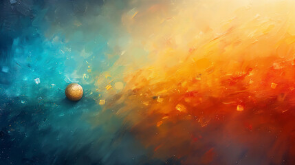 A painting of a planet in space with a blue and orange background