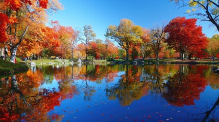 Fototapeta premium tranquil park during peak autumn foliage, where vibrant red, orange, and yellow leaves create a breathtaking tapestry against a clear blue sky.