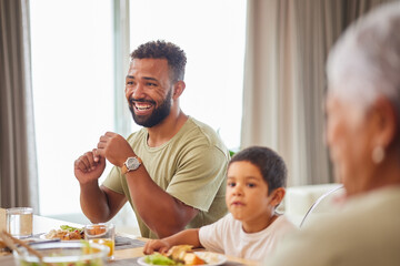 Dad, son and eating together in home for nutrition, lunch meal and family love with happy bonding. Father, young child and healthy food by dining room with laugh, comedy joke and care for support