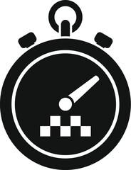 Black and white icon of a stopwatch with a taxi sign and a moving hand