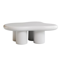A white table with four legs and a rounded top