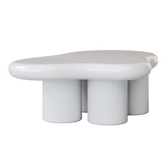 A white table with four legs and a curved top