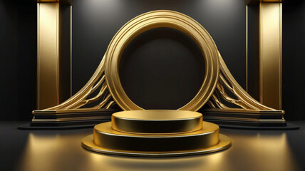 Set against a stunning gold background, the round podium captivates with its sleek design and polished finish. The warm hues of gold create an atmosphere of luxury, highlighting speakers as they take 