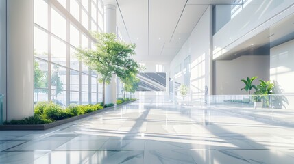 Modern Office Building Lobby with Natural Light and Greenery