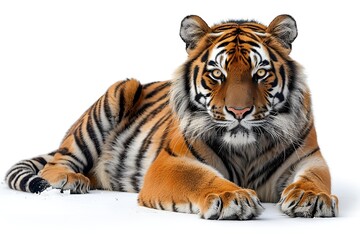 Naklejka premium A tiger resting on a white background.