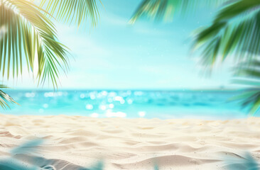 Fototapeta premium Tropical beach background with sand and palm leaves. Summer vacation concept, blurred background. Space for text or product