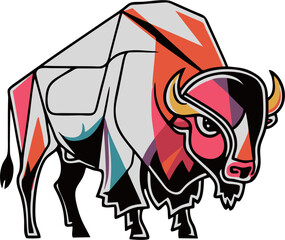 Fototapeta premium A stunning modern and minimalist tattoo design featuring an abstract Bison vector. Bison is illustrated with clean, geometric line sand vibrant colors, creating a unique and eye-catching piece.