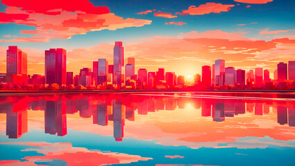 Fototapeta premium buildings at sunset, reflected in a river.