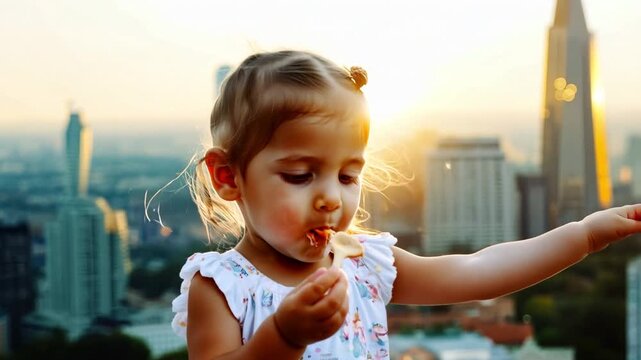 adorable, lovely young child eating peanut butter against a backdrop of skyscrapers