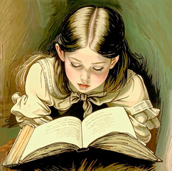 A Victorian girl is reading a book, a vintage fairy tale illustration, a print for a children's room.