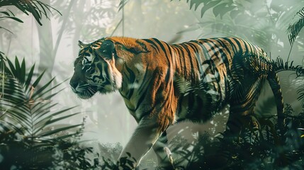 double exposure effect of a tiger walking and green jungle. World wildlife day 