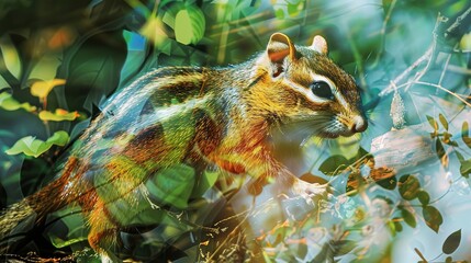 Fototapeta premium double exposure effect of a Chipmunk walking and green jungle. World wildlife day 