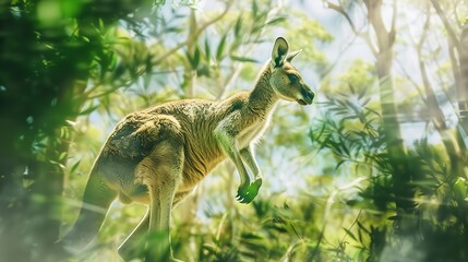 Obraz premium double exposure effect of a Kangaroo walking and green jungle. World wildlife day