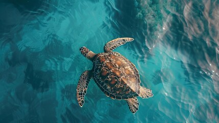 Aerial view of sea turtle swimming on blue ocean