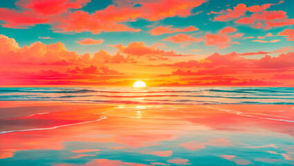 Fototapeta premium ocean with bright orange and pink clouds reflecting on the water.