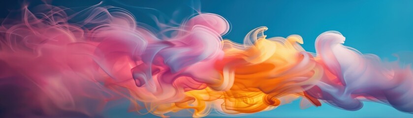 Fototapeta premium Abstract image showcasing vibrant smoke-like waves in shades of orange, red, pink, and blue on a gradient background, creating a fluid and dynamic visual effect..