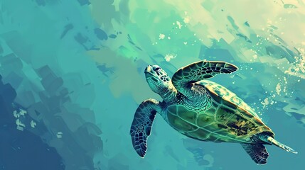 Obraz premium Green sea turtle in blue sea water tropical tortoise swimming underwater. Creative Banner. Copyspace image