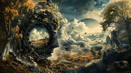 A fantastical surreal landscape with organic dreamlike forms and structures including a captivating arched bridge set against a moody atmospheric sky  The image showcases imaginative creativity 