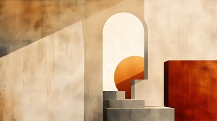 Minimalist abstract digital painting composition featuring simple geometric shapes earthy color gradients and architectural Bauhaus inspired motifs creating a clean calming 