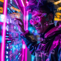 Thrilled individual with a bright triumphant smile pressing the  Buy Now  button on a futuristic neon infused touchscreen device 
