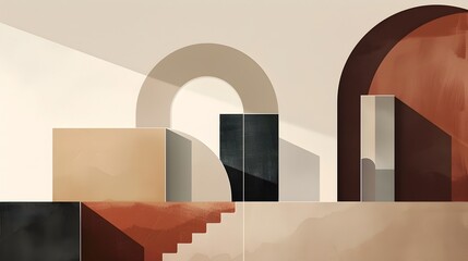 Minimalist and abstract architectural composition featuring simple geometric shapes earthy color gradients and a muted tranquil palette 