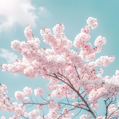 Enchanting blossoms adorn a tranquil springtime scenery with a flourishing cherry blossom tree bursting with delicate soft pink flowers set against a serene azure sky 