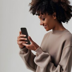 Portrait of a young woman with curly hair joyfully tapping the  Buy Now  button on her sleek modern smartphone in a digital minimalist style setting with crisp contemporary details 