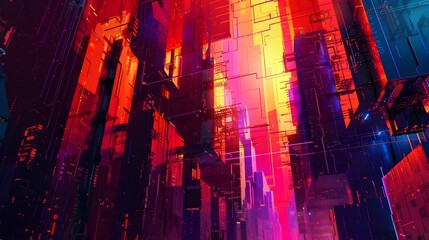 Surreal and abstract cityscape featuring towering cubist structures with vibrant neon hues glitching effects and moody lighting 