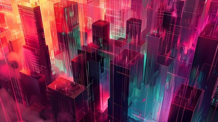 Surreal and striking cubist cityscape with towering geometric structures vibrant neon hues mesmerizing glitching effects and a moody cyberpunk inspired atmosphere 