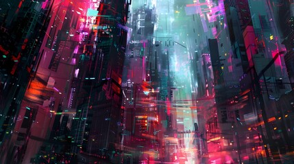 Surreal and abstract cityscape featuring towering cubist structures in vibrant neon hues with glitching effects generative art techniques and a moody cyberpunk inspired atmosphere 