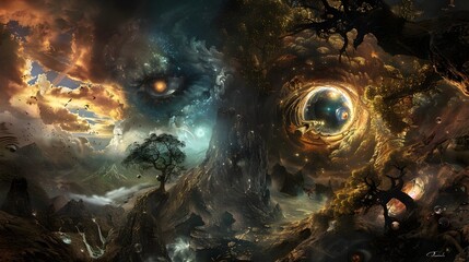 Boundless creativity and imaginative expression captured in a fantastical organic and surreal landscape composition  Playful and inventive use of light shadow 