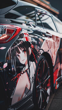 Photo of a itasha car wrapped with anime waifu design close-up