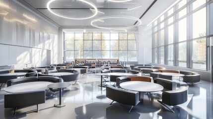 Modern Office Interior Design: Open Space with Circular Tables and Comfortable Seating