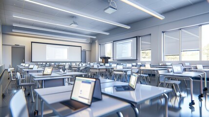 Modern Classroom Interior with Desks and Laptops