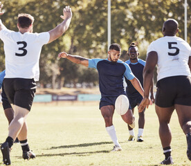 Sports, drop goal and rugby team on field for training, match or skill development for try. Fitness, defense and player kick ball for scoring penalty at practice, game or tournament with opponent.