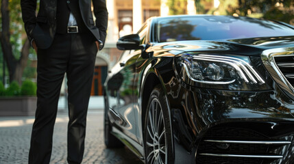 Close up of luxury driver in black suit, in the style of cinematic