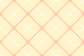 Light orange square grid with dots and stars. Abstract endless texture with rhomboidal cells ornament. Vector seamless pattern for wrapping paper, giftwrap, cover, tile, greeting card, surface texture