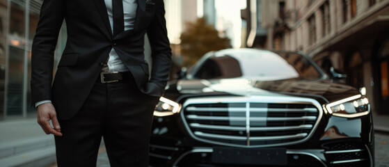 Close up of luxury driver in black suit, in the style of cinematic
