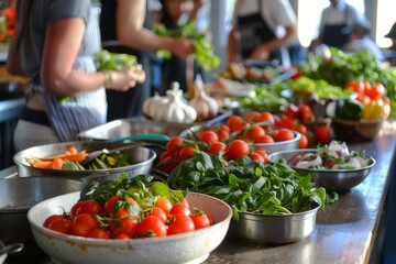 Fresh Vegetables and Herbs Laid Out on a Wooden Table