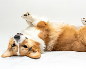 cute portrait of a playful and cheerful corgi lying on its back against a light background, capturing its joyful and energetic nature for pet enthusiasts