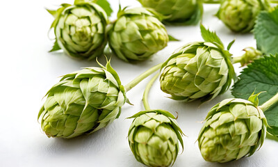 Obraz premium Close-up of vibrant green hop cones arranged artistically on a pristine white background