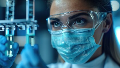 Generative AI illustration of focused female scientist wearing a mask and gloves is carefully handling a test tube 