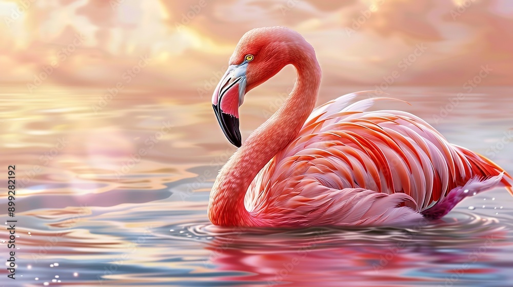 Sticker Pink flamingo in the water. Illustration of a flamingo. 