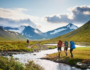 Naklejka premium close up of Group of traveling backpacker hiking walk across the little river in Scandinavia in fjords of Norway