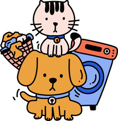 cat and dog with laundry and cloths illustration