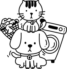 coloring cat and dog with laundry and cloths illustration