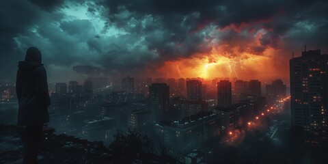 Obraz premium A man stands watching at thunderstorm above the city. View from behind on human at night.