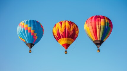 Naklejka premium Three vibrant hot air balloons in clear blue sky